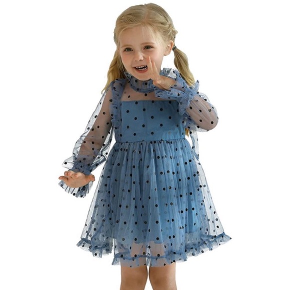 Girls Long Sleeve Polka Dot Tulle Formal Dress - Picture 7 of 7